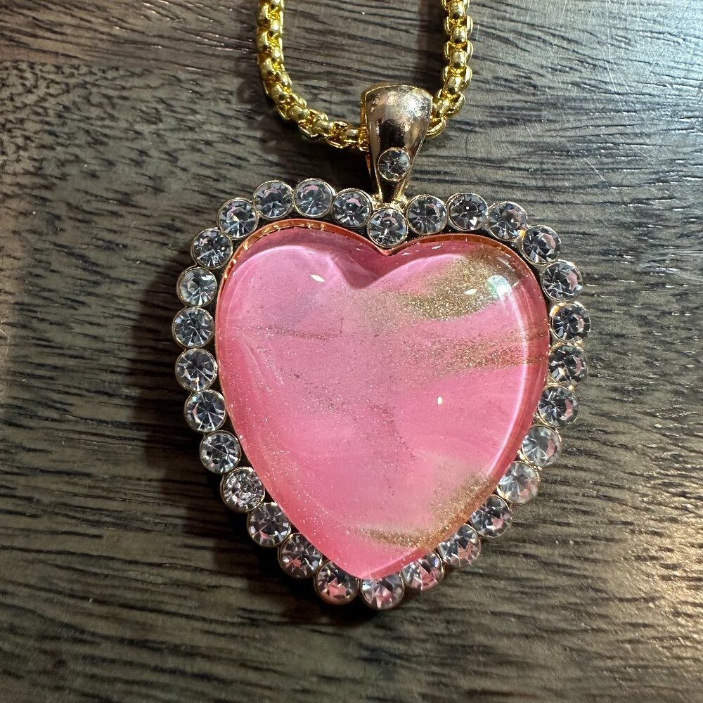 Pink Heart Pendant Necklace with Gold Chain